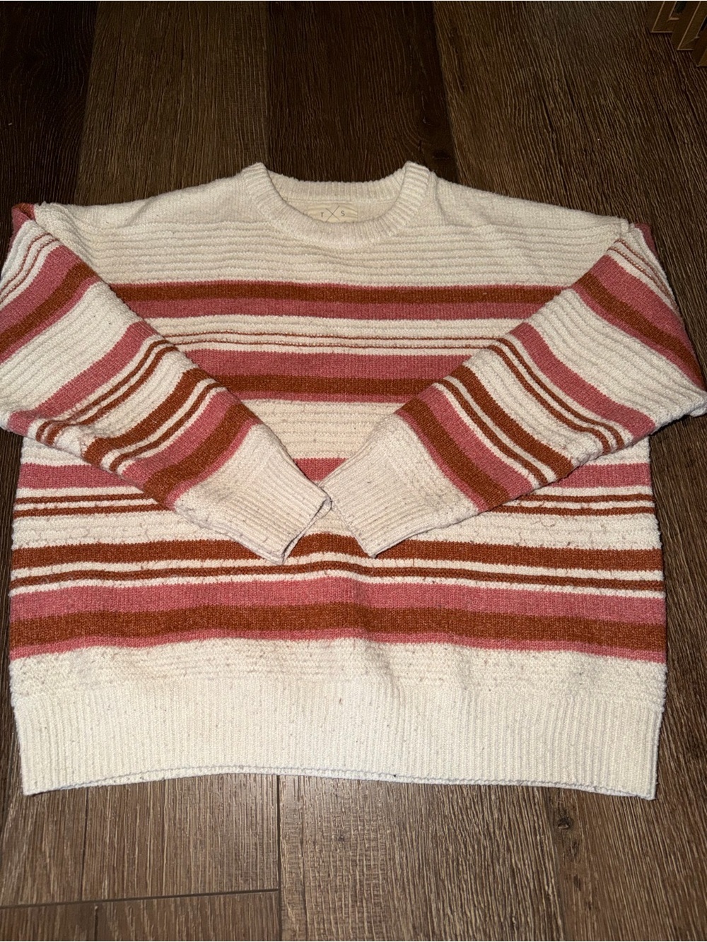 Thread & Supply Cream Crewneck Sweater with Pink and Rust Stripes